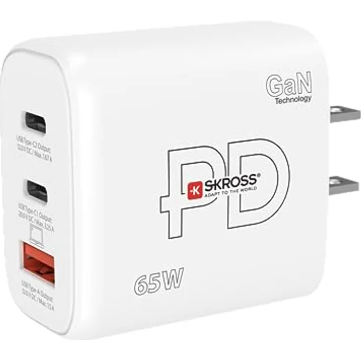 SKROSS Power Charger 65W Gan US - PC Ladegerät in Schwarz - 3 USB Ports für Schnellladung bis zu 65W