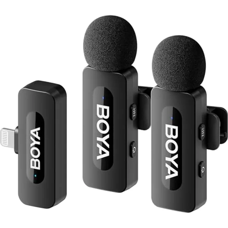 BOYA Mikrofon kabelloses 2.4GHz Mini-Ansteckmikrofonsystem (TX+TX+RX, 3-tlg), mit Geräuschunterdrückung, in schwarz