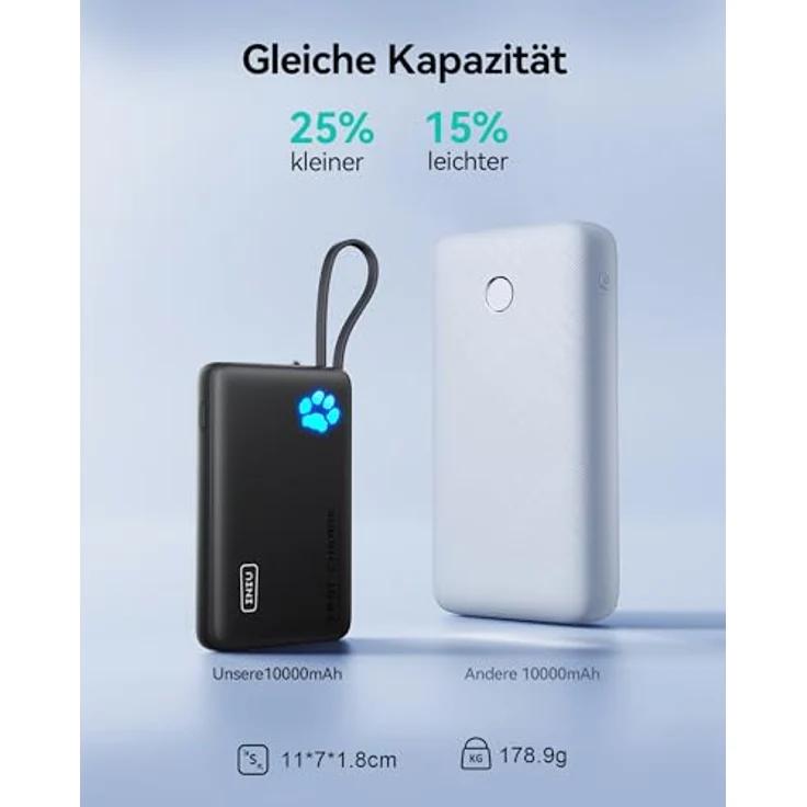 INIU Power Bank, Minigröße 20W 10000mAh PowerBank mit Integriertem USB-C Kabel, PD3.0 QC4.0 USB C In&Out, Externer Handyakku für iPhone 16 15 14 13 12 Pro Max Mini Samsung S23 iPad – Bild 4