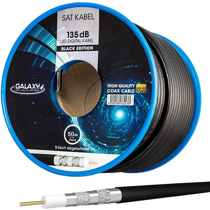 HB-DIGITAL Koaxialkabel Galaxy 135dB, 5-Fach geschirmt, Stahl Kupfer SAT-Kabel, 5000 cm, UV-stabil und strapazierfähig