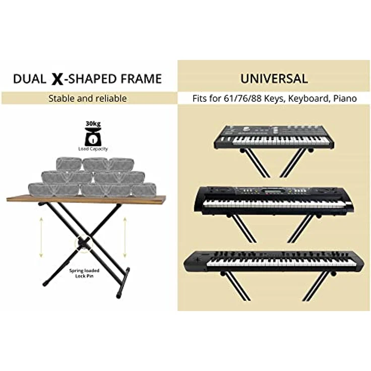 Classic Cantabile Doppelstrebiger Keyboardständer - 5-Fach höhenverstellbares Keyboard Stativ - Stabiler Keyboard Stand Doppel - Stand für E-Piano Stagepiano - Klavier Halterung Schwarz – Bild 4