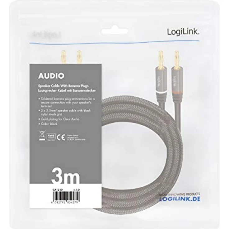 LogiLink CA1210 - Lautsprecherkabel 2x 2 Bananenstecker mit vergoldeten Kontakten, Farbcodierung und Nylon Aussengeflecht, 3m – Bild 4