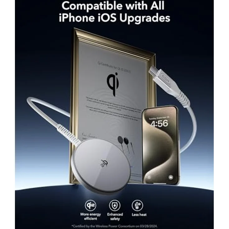 ESR Qi2 15W Magsafe Ladegerät, Wireless Charger für Apple, Kabelloses Ladepad für iPhone 16/16 Plus/16 Pro/16 Pro Max/15/14/13 Serie, Airpods 4, Magnetisches Ladepad mit A/C-Kabel, Silber – Bild 2