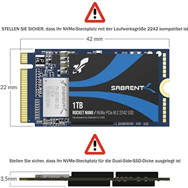 Sabrent 1TB Rocket NVMe PCIe M.2 2242 DRAM-freie interne Hochleistungs-SSD mit geringem Stromverbrauch (SB-1342-1TB) – Bild 2