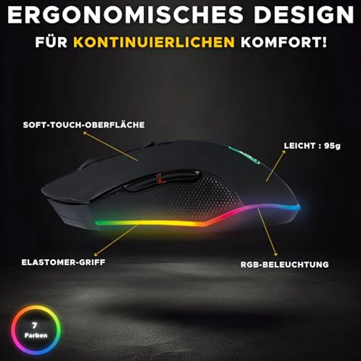 THE G-LAB Kult Helium USB-Gamer-Maus mit Kabel - Optischer Sensor mit 800 bis 3200 DPI, 7-farbige LED-Hintergrundbeleuchtung, 6 Tasten - Bequeme und Leichte Gaming-Maus – PC Mac Xbox One PS4 (Schwarz) – Bild 4
