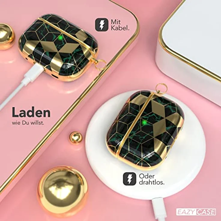 EAZY CASE Schutzhülle für AirPods Pro 2 Hülle Grün Hard Case Stoßfest mit Karabiner Antikratz Etui rutschfest Hardcase für Airpod Pro 2. Generation in Gold Grün Marmor. – Bild 5