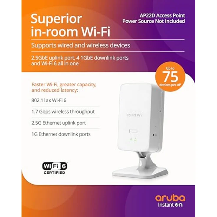 Aruba Instant On AP22D 2x2 Wi-Fi 6 Wireless Access Point | Single-Room, Secure, Smart Mesh Support | JP Model | Power Source Not Included (S1U77A) – Bild 2