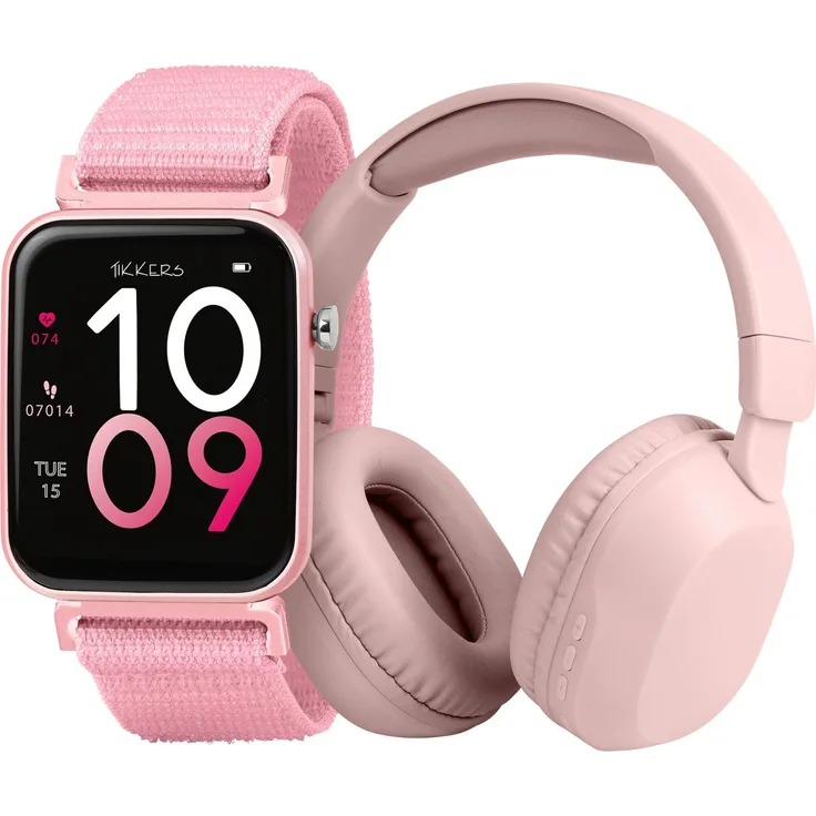 Tikkers Smart Series 13, Smartwatch & Kopfhörer Set, Schwarz/Rosa mit Stoffarmband und Schnellverschluss, Unisize