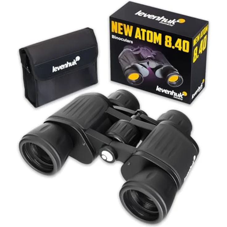 Levenhuk New Atom 8x40 Fernglas, Porro-Optik mit 8-facher Vergrößerung, spritzwassergeschützt, Aluminiumgehäuse