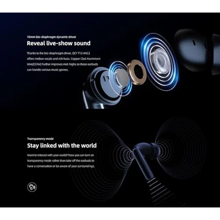 QCY T13 ANC2 In-Ear-Kopfhörer, Bluetooth 5.3 mit aktiver Geräuschunterdrückung, 30 Stunden Spielzeit, antibakterielle Ohrstöpsel, Schwarz – Bild 3