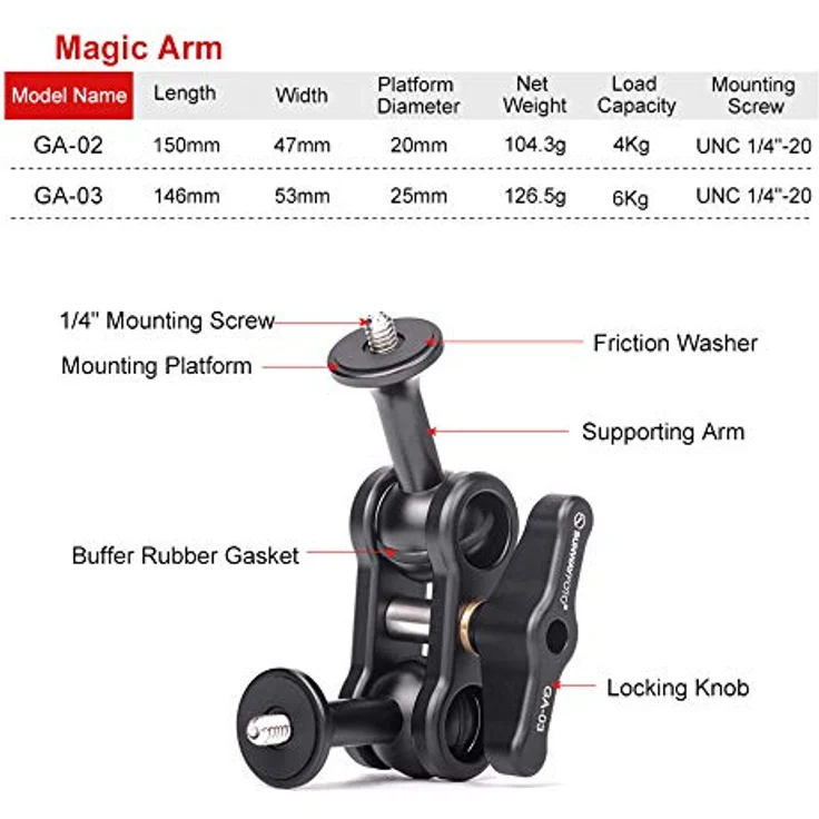Sunwayfoto GA-03 Magic Arm Mehrzweck-Stativ-Zubehör-Halterung 6,35 mm – Bild 5
