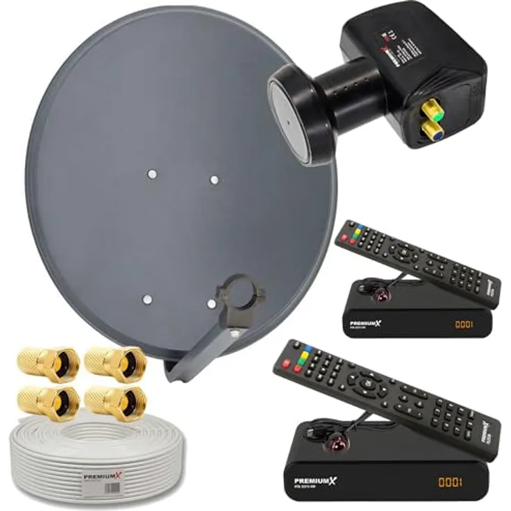 PremiumX PXS60 Satelliten-Komplettanlage für 2 Teilnehmer, 60 cm Anthrazit Antenne mit Twin LNB, 25m Antennenkabel, 2x FullHD DVB-S2 Receiver