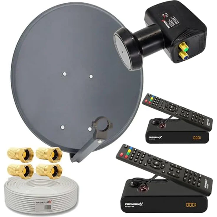 PremiumX PXS60 Satelliten-Komplettanlage für 2 Teilnehmer, 60 cm Anthrazit Antenne mit Twin LNB, 25m Antennenkabel, 2x FullHD DVB-S2 Receiver – Bild 1