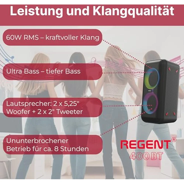 Ferguson Regent 400BT, Bluetooth Lautsprecher 60W mit FM-Radio, Mikrofon Karaoke, RGB-LED, tragbar mit Akku für Outdoor, HiFi-Sound, Bass Boost, Gitarreingang – Bild 3