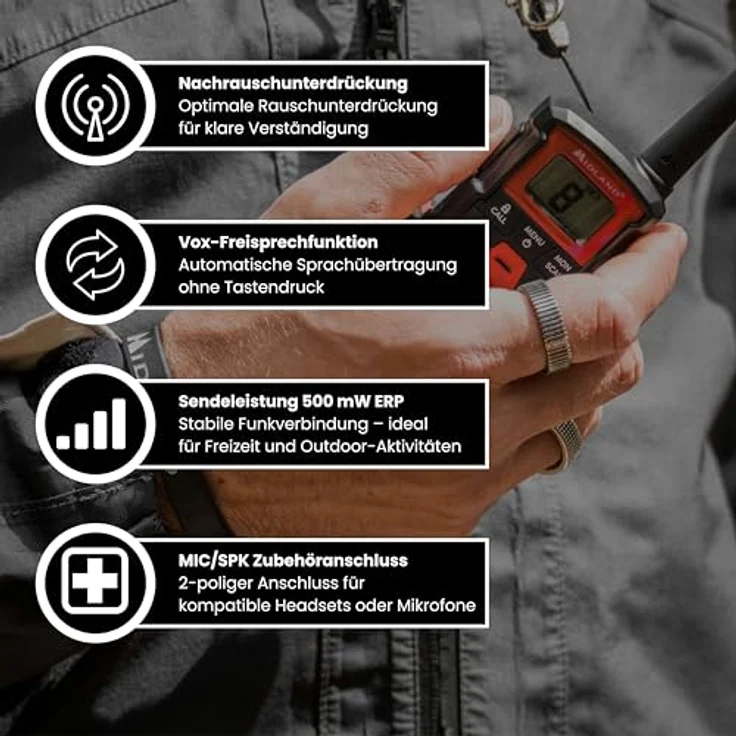 MIDLAND Walkie Talkie XT10 Pro, 16 PMR446-Kanäle, spritzwassergeschützt, Schwarz/Rot - 2er Pack – Bild 7