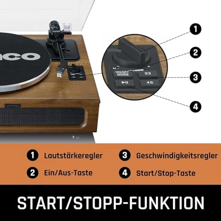 Lenco LS-410 Plattenspieler - Bluetooth Plattenspieler - integrierte Lautsprecher 40 Watt RMS - Riemenantrieb - Vorverstärker - RCA Out und AUX-In - Holz LS-410WA Braun – Bild 4