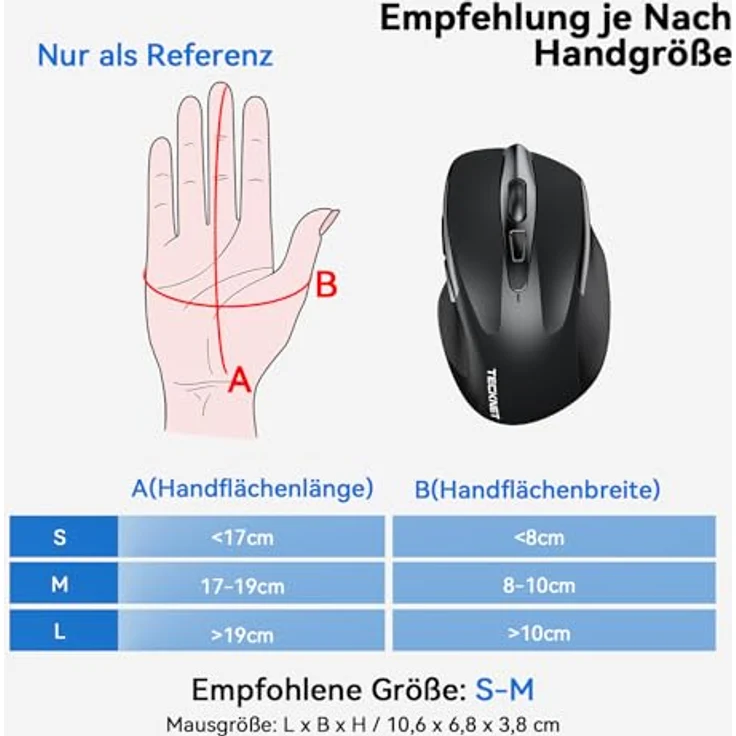 TECKNET Bluetooth Maus, Ergonomische kabellose Maus mit 4800 DPI, Tri-Modi: BT 5.0/3.0+2.4G, 30 Monate Batterielaufzeit, leise Funkmaus für Windows, Mac OS, Android – Bild 5