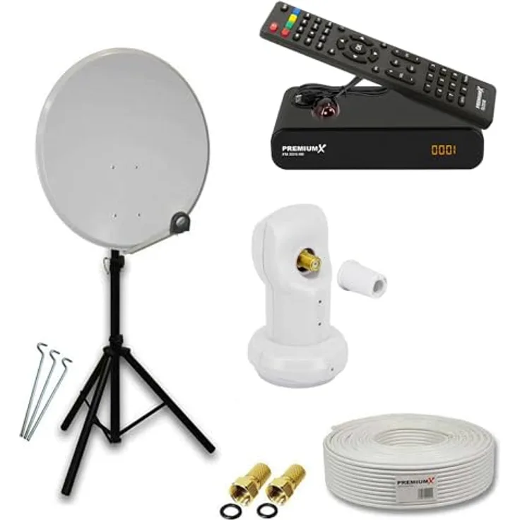 PremiumX Satelliten-Anlage 80cm, mobile Stahl Satellitenschüssel in Hellgrau, Single LNB inkl. Stativ und Antennenkabel für FullHD TV