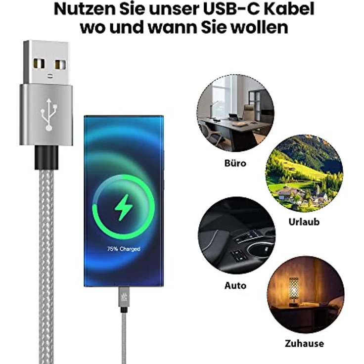 JAMEGA USB-C Kabel Nylon Schnell Ladekabel, 3m, Hochgeschwindigkeits-Datenkabel für Samsung, Huawei, HTC und LG, 5 Gbps Übertragungsrate, Knickschutz – Bild 5