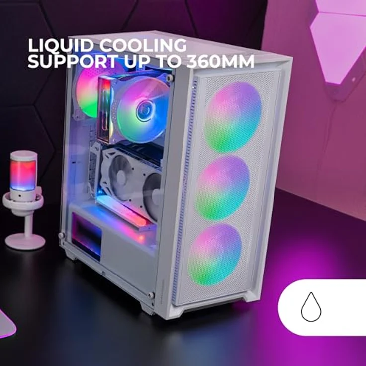 MARSGAMING MC-AIR, Gaming ATX-Gehäuse, 4X FRGB Rainbow 120mm Lüfter, Mesh-Frontpanel, Komplettes Seitliches Hartglasfenster, Doppelkammersystem, Unterstützung für Wasserkühlung, Weiß – Bild 5