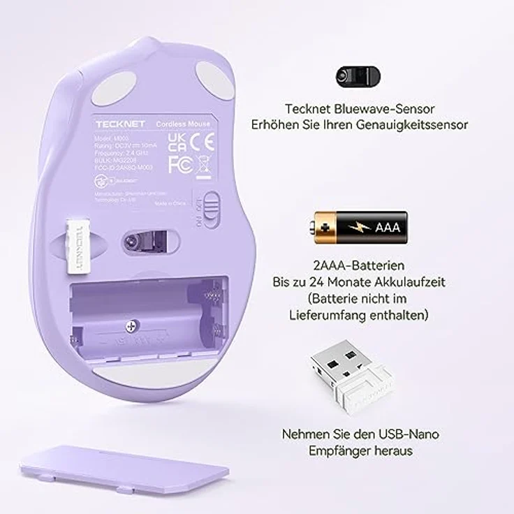 TECKNET Kabellose Maus Pro, 2.4G 2600 DPI Funkmaus mit 6 Tasten, Nano Empfänger, 24 Monate Batterielaufzeit, 5 einstellbare DPI-Pegel für PC, Laptop, MacBook, lila – Bild 4