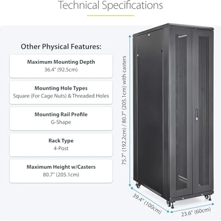 StarTech 42U Server Cabinet, 19 Zoll Rack für Server und Netzwerktechnik, schwarz, 907 kg Traglast, mit abschließbaren Türen und Rollen – Bild 5