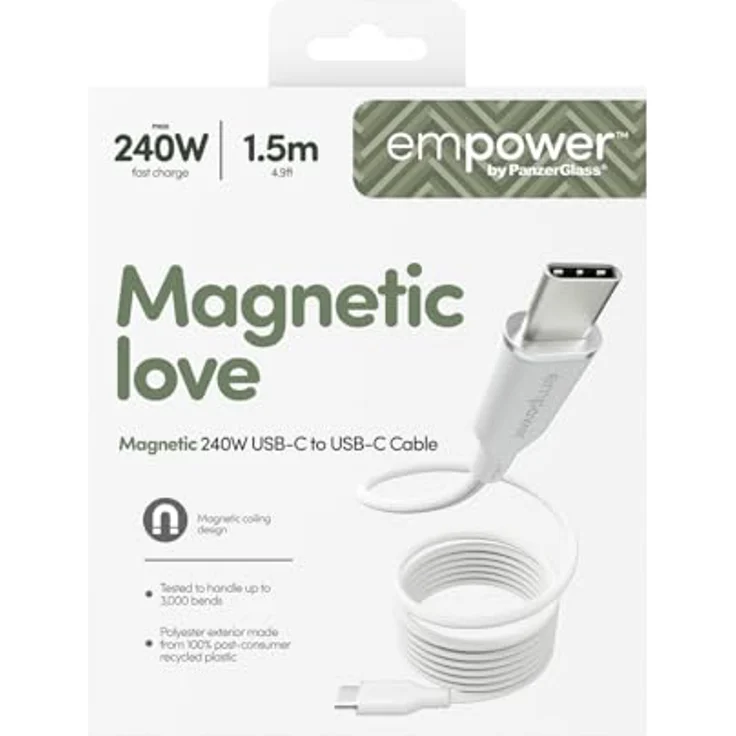 empower by PanzerGlass Magnetic USB-C zu USB-C Kabel 240W, 1,5 m, geflochtenes Design, schnell (recycelter Kunststoff) – Bild 3