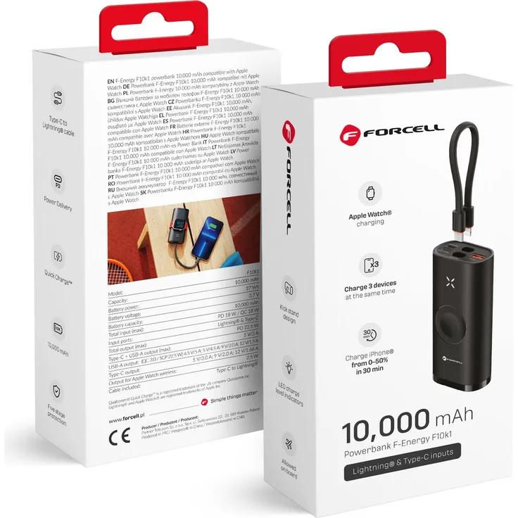 Forcell F-ENERGY F10k1 Powerbank, 10.000 mAh, kompatibel mit Apple Watch, PD QC3.0 22,5W, schwarz