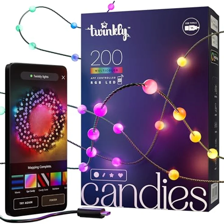 Twinkly Candies - Lichterkette mit 200 RGB-LEDs - App-gesteuerte Weihnachtsdeko - USB-C-betrieben - Weihnachtsbeleuchtung für Drinnen, 12m, Perle, Green Wire - Preisvergleich – Bild 1
