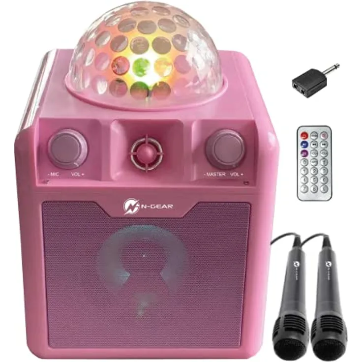 N-Gear DISCO410 Karaoke & Party Bluetooth Lautsprecher mit Discokugel, Mikrofon und Power Bank Funktion, Pink