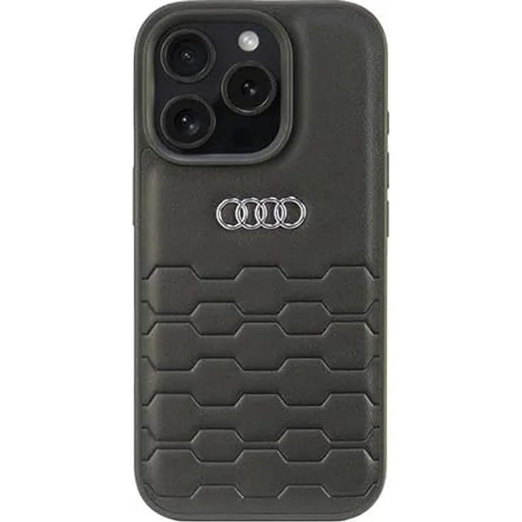 Audi Handyhülle iPhone 16 Pro, Kunstleder schwarz mit Metall Logo, 6,3 Zoll, Stoßfest, passgenau