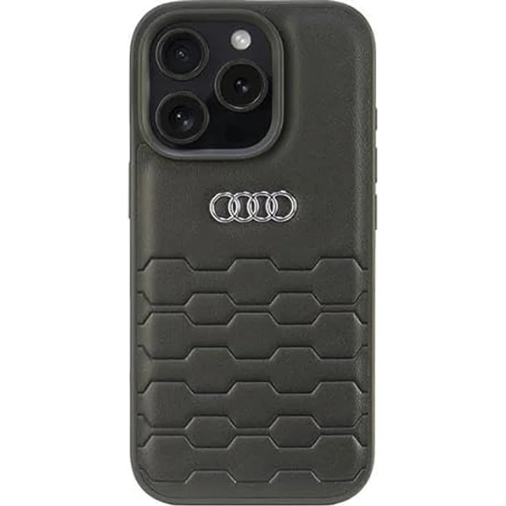 Audi Handyhülle iPhone 16 Pro, Kunstleder schwarz mit Metall Logo, 6,3 Zoll, Stoßfest, passgenau – Bild 1