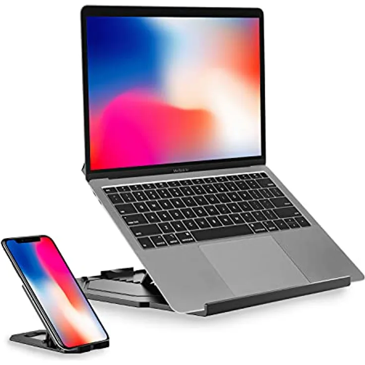Desire2 Laptopständer 2 in 1 Klappbar, 360 Grad Drehbar, Höhenverstellbar, Kompatibel mit MacBooks, Abnehmbare Handyhalterung - Schwarz