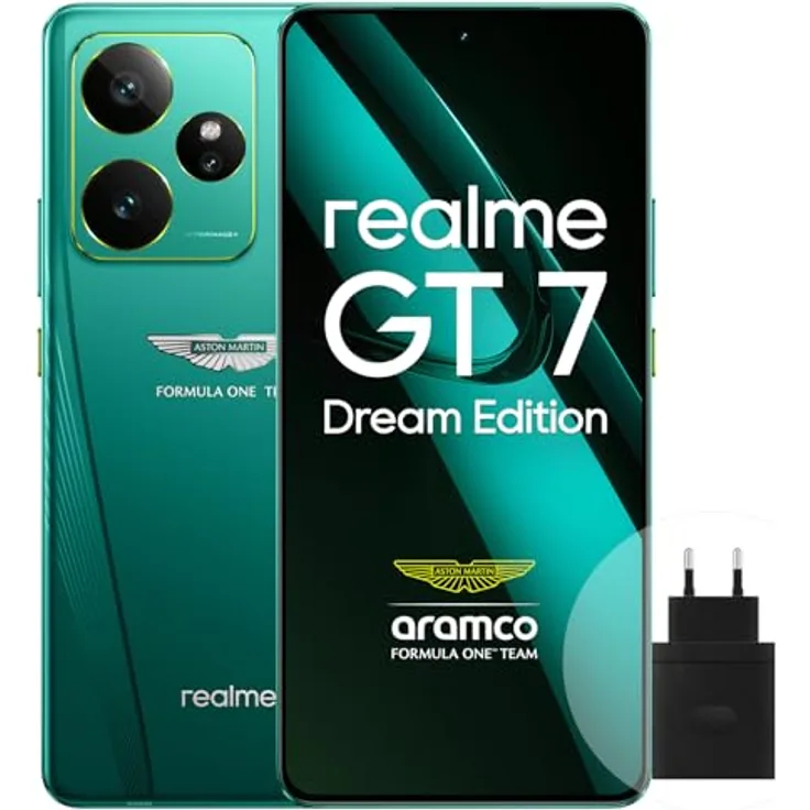 realme GT7 5G Smartphone, 16+512GB, Aston Martin Green, 50MP AI Kamera, 7000 mAh Akku, 120W Schnellladung, Dimensity 9400e Chipset, IP69 wasserdicht