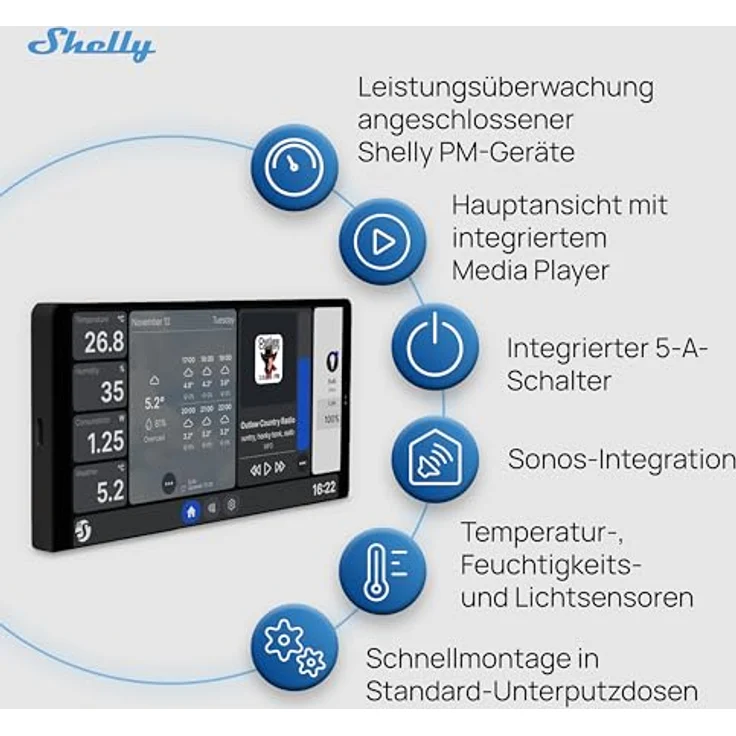 Shelly Wall Display X2 Black, Smart Home Hub mit BLU H&T Sensor für Temperatur, Luftfeuchtigkeit und Lichtsteuerung, Schwarz – Bild 6