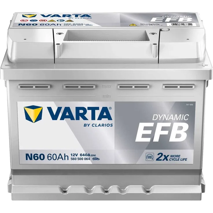 VARTA N60 Blue Dynamic EFB, 12V 60Ah Autobatterie mit 640A Kälteprüfstrom für Start-Stop Fahrzeuge, inklusive 7,50 Pfand