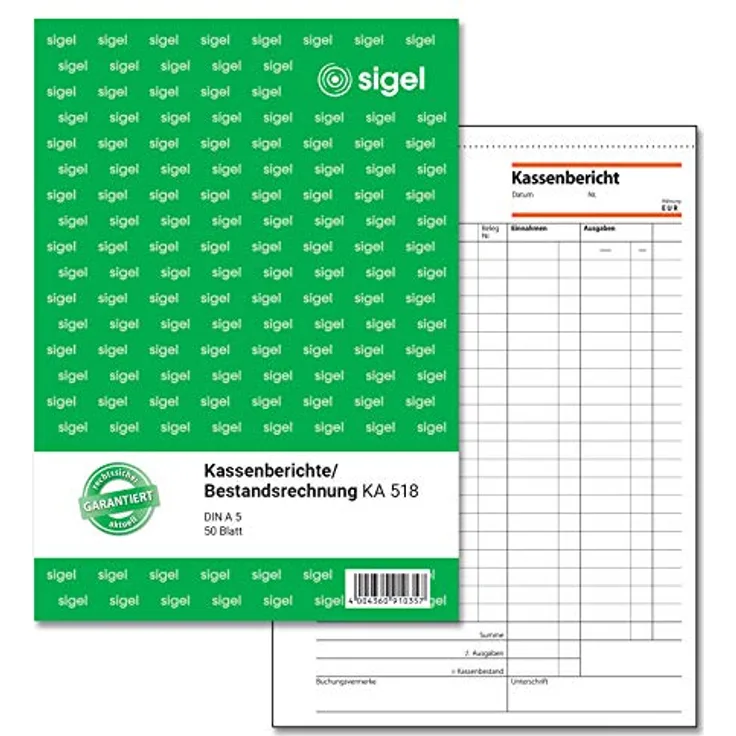 Sigel Kassenbericht Formularbuch A5, 50 Blatt mit Abheftlochung und Microperforation zur einfachen Handhabung