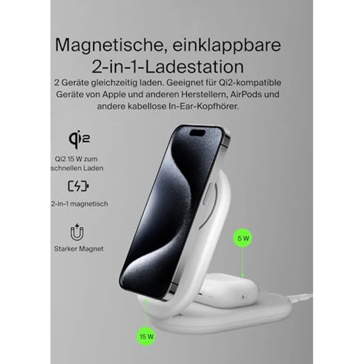 Belkin BoostCharge 2-in-1 magnetisches einklappbares Ladegerät Qi2, MagSafe-kompatibles 15 W, Schnellladegerät für Apple iPhone 16/15/14/13/12, induktive Ladestation, inklusive Netzteil - Weiß – Bild 2