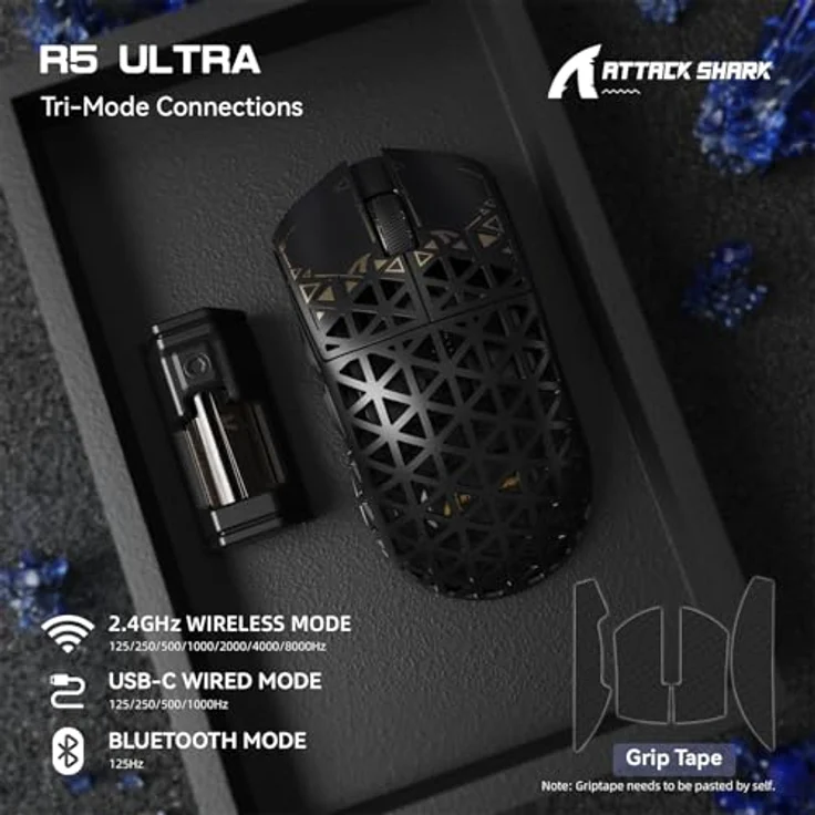 ATTACK SHARK R5 Ultra Carbonfaser HyperSpeed, Kabellose Gaming-Maus mit PAW3950MAX Sensor, 8000Hz Abtastrate, 42000DPI, 39g ultraleicht – Schwarz – Bild 3