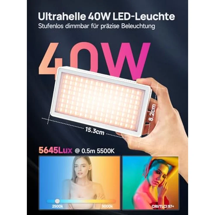 Rollei Lumis 40W RGB Led Videoleuchte, Kamera Licht mit Eingebautem Akku und Typ-C-Aufladung, 5645 Lux CRI/TLCI 97+, 263g Fotolampe für Fotostudios Live Streaming YouTube TikTok – Bild 2