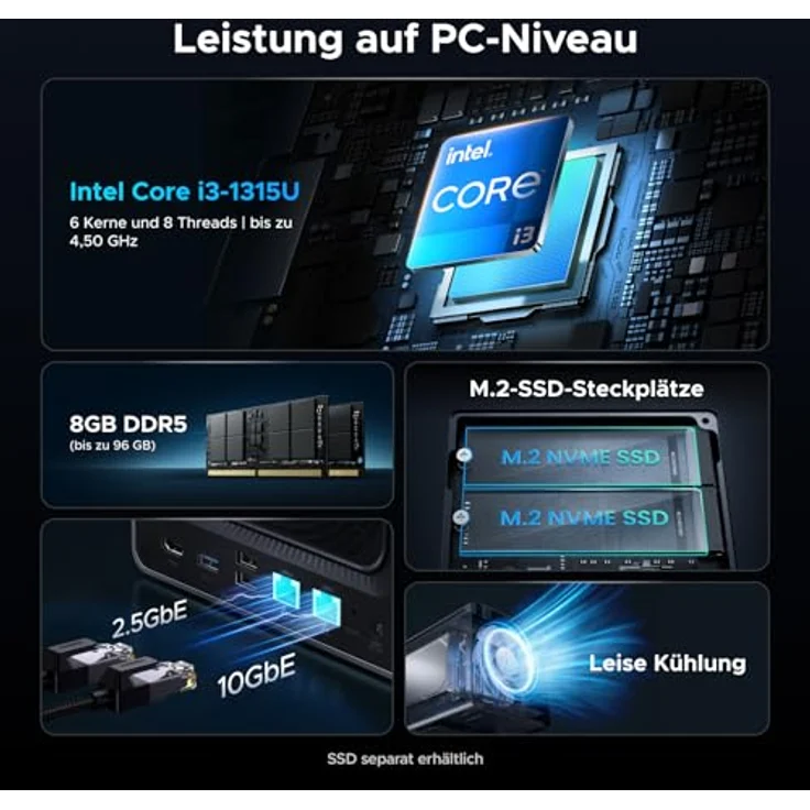 UGREEN NASync DXP4800 Pro, 4-Bay Desktop-NAS, Intel i3-1315U 6-Kern-Prozessor, 8GB DDR5 (erweiterbar bis 96GB), eingebaute 128GB-SSD, 10GbE & 2.5GbE LAN, zwei M.2 NVMe-Steckplätze, HDMI 4K (ohne Festplatten) – Bild 2