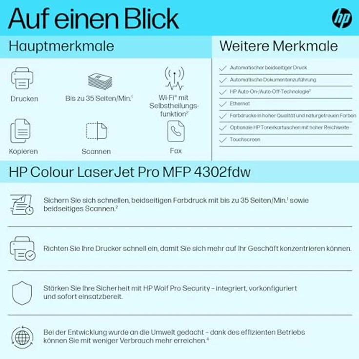 HP Color LaserJet Pro 4302fdw Multifunktions-Laserdrucker, Drucker, Kopierer, Scanner, Fax, Duplex-Druck, WLAN, LAN, Ethernet, Bluetooth, Airprint, für bis zu 10 Benutzer, Instant Ink verfügbar – Bild 3