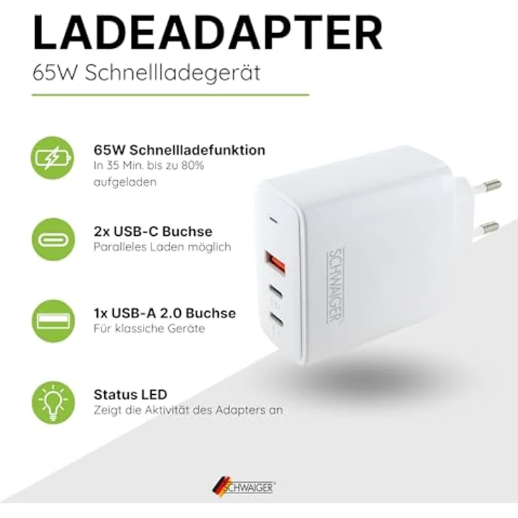 SCHWAIGER LADC2165 Schnell-Ladeadapter 65W mit 2x USB-C & USB-A, Netzteil mit Eurostecker und Status LED, kompatibel mit iPhone, Samsung, MacBook, Laptop, Tablet & Smartphone – Bild 3