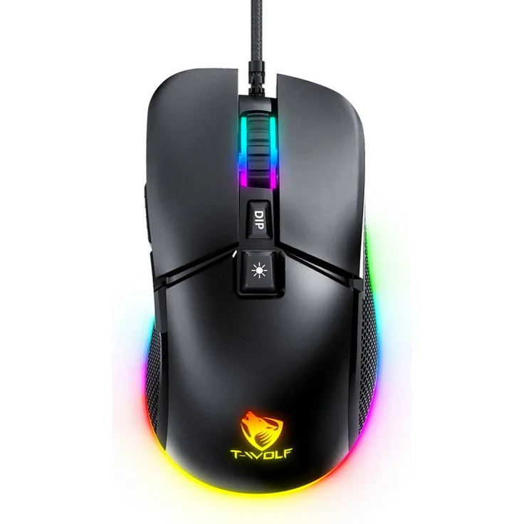 S&T Design RGB Gaming Maus, Kabelgebunden, 7200 DPI, Ergonomisch, 13 RGB Lichtmodi, für Windows 11 & MacOS, Schwarz