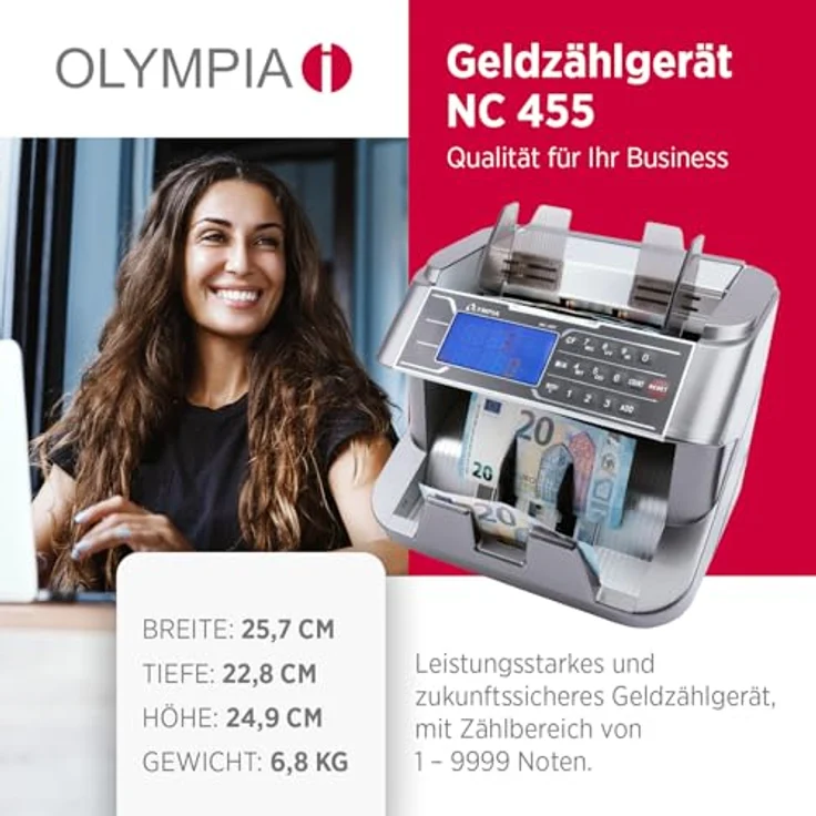 Olympia NC 455 Geldzählmaschine & Geldscheinprüfer, UV & MG Prüfung, 1000 Noten/Min, LCD Display, Autom. Start, Falschgeld Prüfer – Bild 2