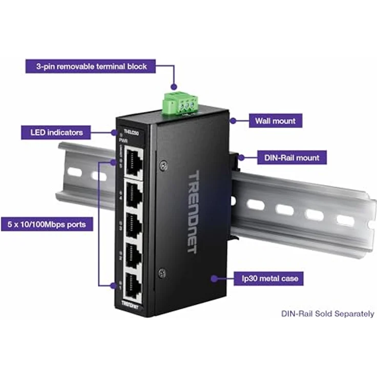 TRENDnet 5-Port Industrial Fast Ethernet DIN-Rail Mini Switch, TI-ELC50, schwarz – Bild 2