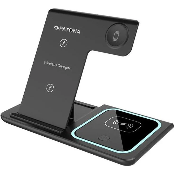 Patona 3 in 1 Wireless Charger (15 W), Schnurloses Ladegerät für Smartphone, iPhone, Watch, AirPods, Schwarz