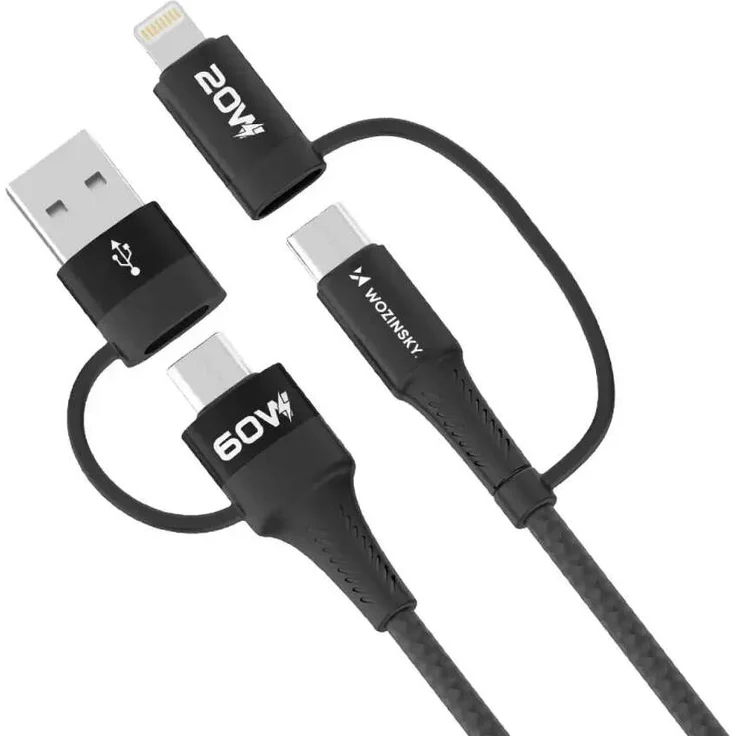 Wozinsky WNBAA 4-in-1 Kabel, 2x USB-C, USB-A, Lightning, 60W, 1m, Schwarz - Hochleistungs-Ladekabel mit sicherer Datenübertragung