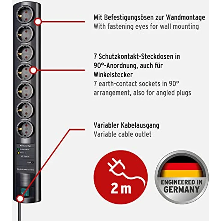 Brennenstuhl Primera-Tec DigiMaster, Steckdosenleiste 7-fach mit Überspannungsschutz 19.500A (Steckerleiste mit 2m Kabel, Schalter, Master Slave Funktion) schwarz – Bild 2