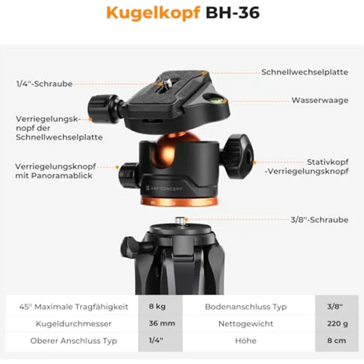 K&F CONCEPT Kamerastativ S255A3+BH-36, 190cm leichtes Reisestativ mit 360° Kugelkopf, Handy-Tablet-Halterung und 2 Schnellwechselplatten – Bild 3